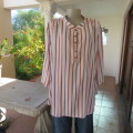 Cheeky poly/viscose long sleeve top. Blue/brick vertical stripes. High banded neck/opening.Size 46.