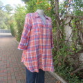 Fabulous peach/blue/white check MATERNITY press button top size 40/16. Two pockets.Studs. As new.