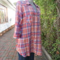 Fabulous peach/blue/white check MATERNITY press button top size 40/16. Two pockets.Studs. As new.