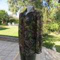 Impressive wide cut size 36/12 long sleeve top patterned in browns/greens. Gathered yokes.As new.