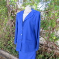 As new royal blue long sleeve jacket. Cloverleaf open collar. 3 button closure. Polycotton.Size 38