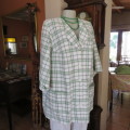 Boutique made white with green/grey check button down jacket. Front shawl cotton. Size 48/24.New con