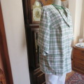 Boutique made white with green/grey check button down jacket. Front shawl cotton. Size 48/24.New con