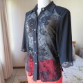 Richly embellished black button down top size 36/12 By TUNG TAI. Back stretch polyester.Front sheer.