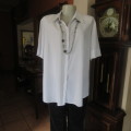Smart white 100% poly button down/V open collar/short sleeve top.Thin black stripes.WOOLWORTHS 42.