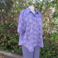 Soft lilac/turquoise polycotton graphic print short sleeve top. Pleat at back. Rounded hems.Size 46