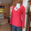 Fiery red MILADY`S long sleeve slip over stretch polyester top size 40/16. Cross over gathered front