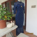 Sensational indigo blue acrylic stretch lace sleek long dress. Size 34/10.Underdress knee length.