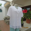 As new smart white V neck button down short sleeve top/jacket.Size 44/20. Wide lace decoration.