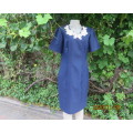 Elegant navy princess style short sleeve boutique made size 36/12 dress with U cream cord floral dec