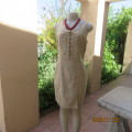 Plain pencil style oats colour rayon/poly stretch dress. Braiding on front. Size 35 by KELSO.As new