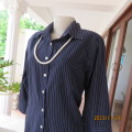 Versatile navy/white pinstripe button down polycotton tailored top. Size 38/14. One pocket. New cond