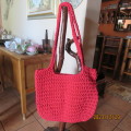 Cherry red large shoulder bag done with T Shirt crochet yarn by hand. 58cm x 36cm. New.Never used.