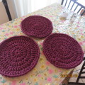 Set of 3 round  35cm diameter maroon table mats hand crochet with T Shirt yarn. New. Thick.
