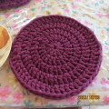 Set of 3 round  35cm diameter maroon table mats hand crochet with T Shirt yarn. New. Thick.