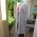 Fashion silver grey open coat in silver grey stretch poly with white hood. By BOU JELOUD size 34.