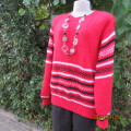 Warm bulky acrylic handknitted red pullover cardigan in red with white/black border stripes. Size 40