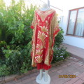 Amazing red/cream patterned kaftan. Front embellishment. Size 36 to 48. 100% rayon. Pants include