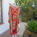 Amazing red/cream patterned kaftan. Front embellishment. Size 36 to 48. 100% rayon. Pants include
