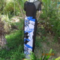 RUFFTANG long black/blue/white exquisite uniquely designed dress size 32 to 34. Brand new cond.