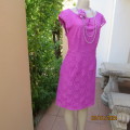 Gorgeous steel pink polyester lace dress. Tiny capped sleeves.Poly stretch lining. Size 36. New cond