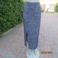 Relaxed and casual ankle length navy/grey mottled poly/rayon stretch skirt.By MILADY`S size 40/16