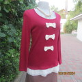 Soft dark red long sleeve angora/acrylic stretch knitted top. Cream fabric bows & frill. Size 34/10