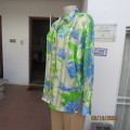 Fresh MISS CASSIDY silky long sleeve size 40 top in cream/blue/green. See through lines.As new