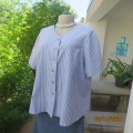 Comfy loose blue/white vertical striped button down polycotton top. V neckline. By LYNETTE size 42.