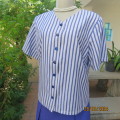 Comfy vertical striped short sleeve top in white/blues. Button down/V neckline.Size 40 by LYNETTE.