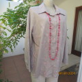 Pink floral embroidery on ecru background long sleeve shirt. Button down/shirt collar. PEENY C 44.