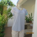 Capped sleeve light blue slip over top with polyester lace yoke. Size 36. Stretch viscose.