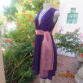 Smart casual purple stretch polyester calf length dress. Low V cross over top. Size 38. As new cond.