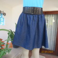 Charming blue denim 100% cotton gathered skirt / black elastic/studded belt front. Size 36/38