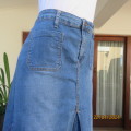 Decent length blue denim jean skirt size 44 by MILADYS .2 Pockets back/front. Zip/pleat on front.