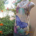 New colourful purple butterfly sleeveless top in stretch polycotton. EMbroidered back. Size 36.
