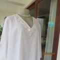 Oversized snow white fine cotton V neck top/elbow sleeves.Sequin/shell decoration.By PENNY C size 48
