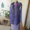 Paisley pattern sheer polyester long sleeve top in blues/purples. Button down/open collar. Size 42