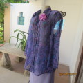 Paisley pattern sheer polyester long sleeve top in blues/purples. Button down/open collar. Size 42