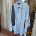 High quality POLO men`s long sleeve white cotton shirt with sky blue vertical stripes. Size XXL/46.