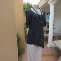 Pretty black/white polkadot stretch poly high/low top size 35/11. Label cut. Open shoulder sleeves.