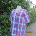 Cool short sleeve checked button down top in blue/red. V neck. By LYNETTE size 40. Shoulder pads.
