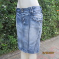 Make a statement in this blue denim jean paneled bodycon skirt.Size 36 by RED. As new cond.