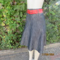 High waisted A-Line blue denim paneled jean skirt size 30 by NETWORK. Wide beltloops.As new