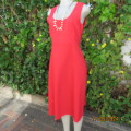 Plain red textured polycotton empire style sleeveless dress. Double fabric top. Size 36. Back zip.