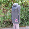 Warm acrylic knit extra long mottled grey tunic style top with poloneck. Size 34.Floral embroidery.