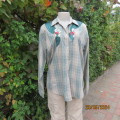 Unique long sleeve green/beige check shirt by BONUS size 42/18.Green satin applique decoration/bears