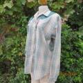 Unique long sleeve green/beige check shirt by BONUS size 42/18.Green satin applique decoration/bears