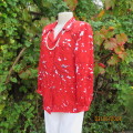 Fired up in red! Cherry red long sleeve polyester blouse with white/black floral pattern, Size 36.