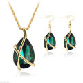 Elegant Gold Plated  Gem Drop Necklace Earrings Jewelry Set
